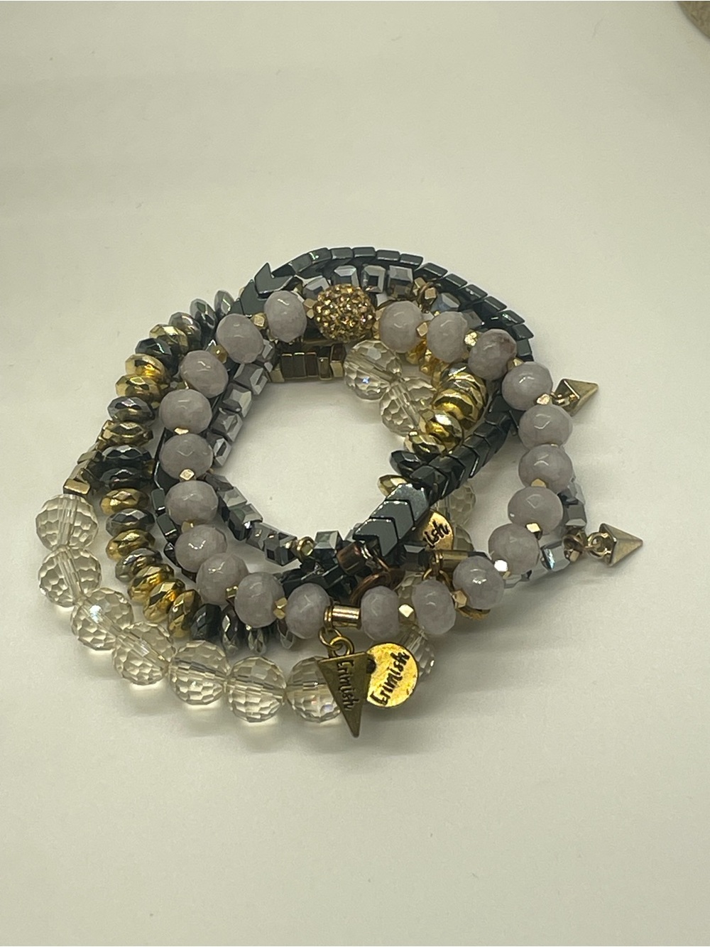Multi-Strand Gray, Gold and Clear Beaded Bracelet Set
